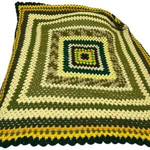 Afghan Throw Blanket Olive Green Beige Yellow Striped Crochet Square 60"x60"